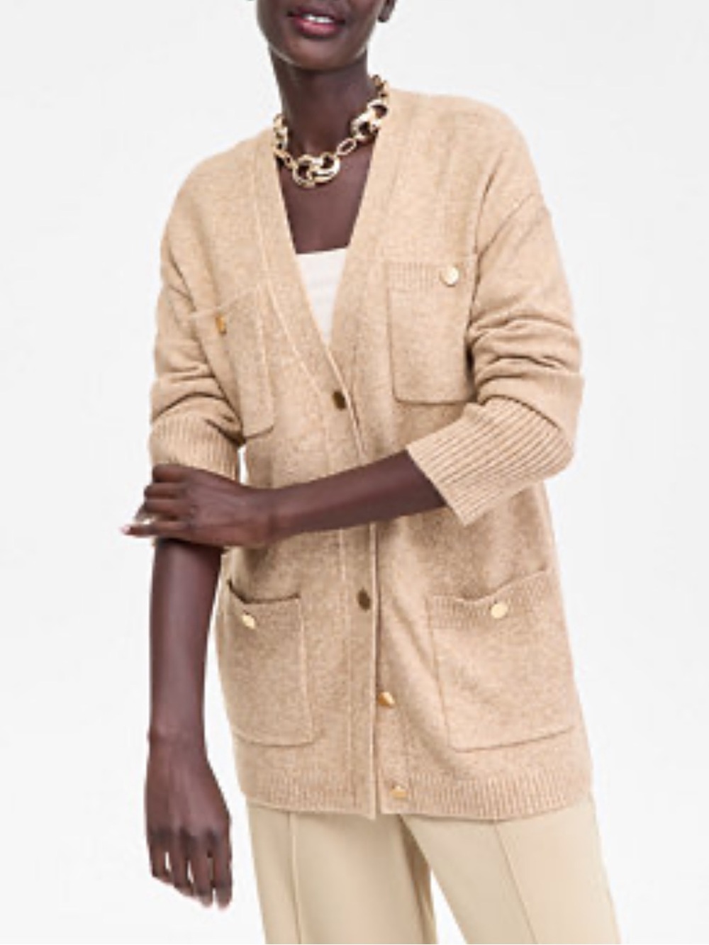 INC International Concepts Taupe Button-Front V-Neck Pocket Cardigan